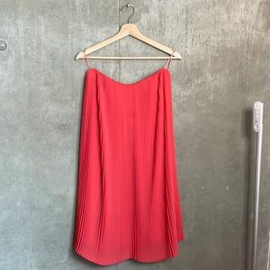 Peach pleated, strapless, mini cocktail dress